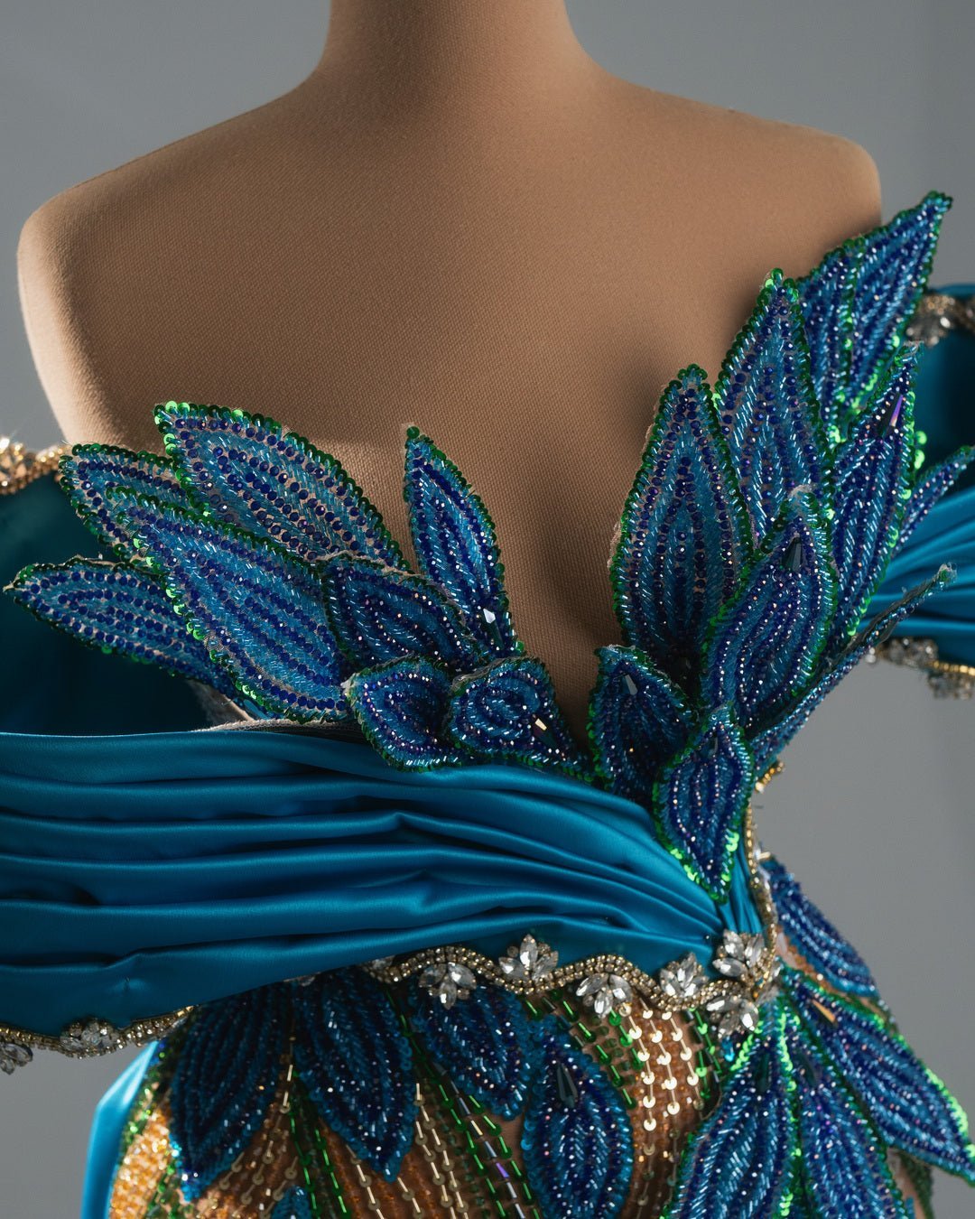 Giada Blue Off Shoulder Dress with Leaves Design - BLINI