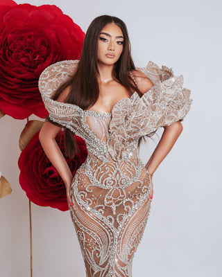 Elegant luxury off shoulder dress with silver crystals and unique 3D leaf details