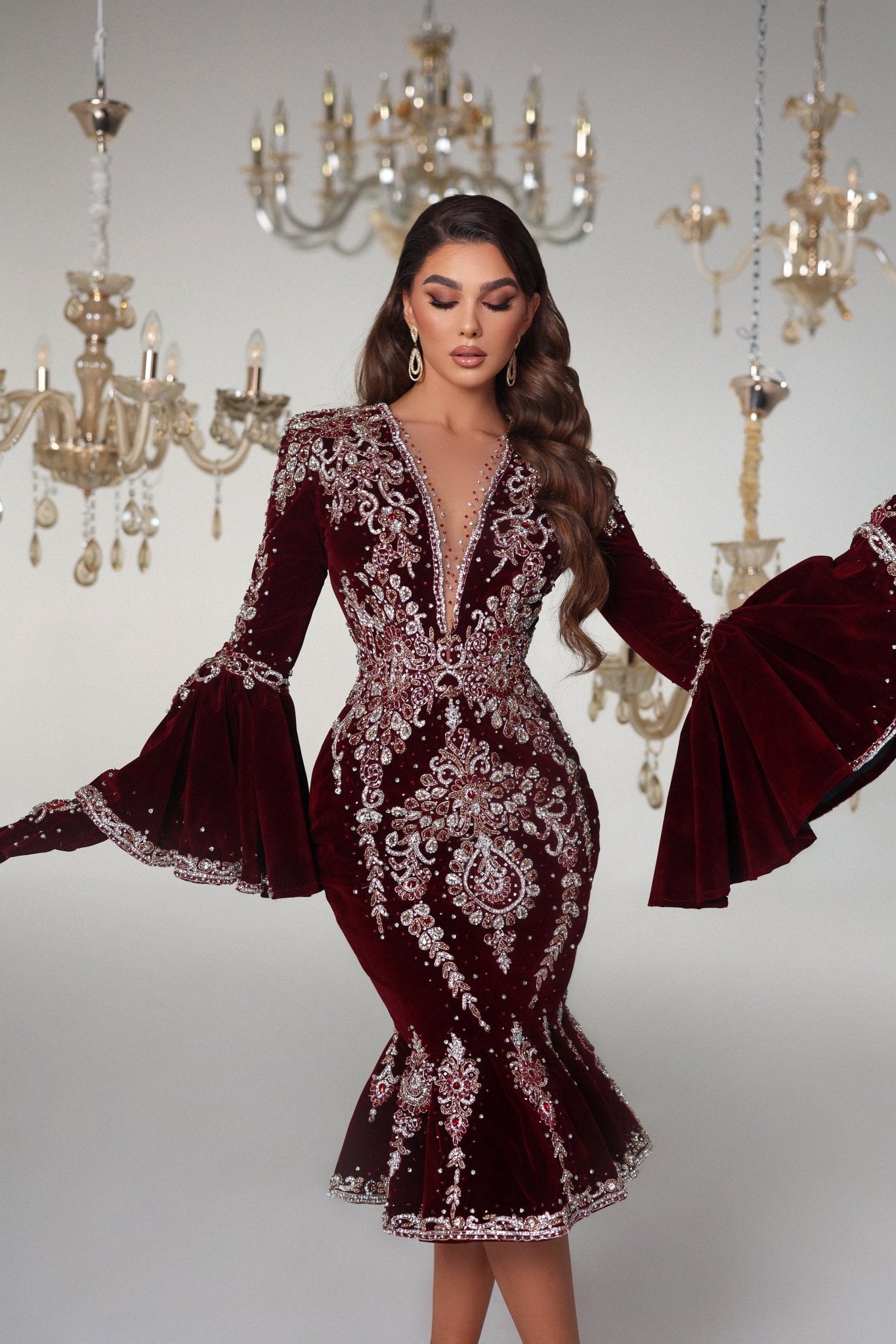 Glitteréa Burgundy Velvet Dress with Gemstone Details - BLINI