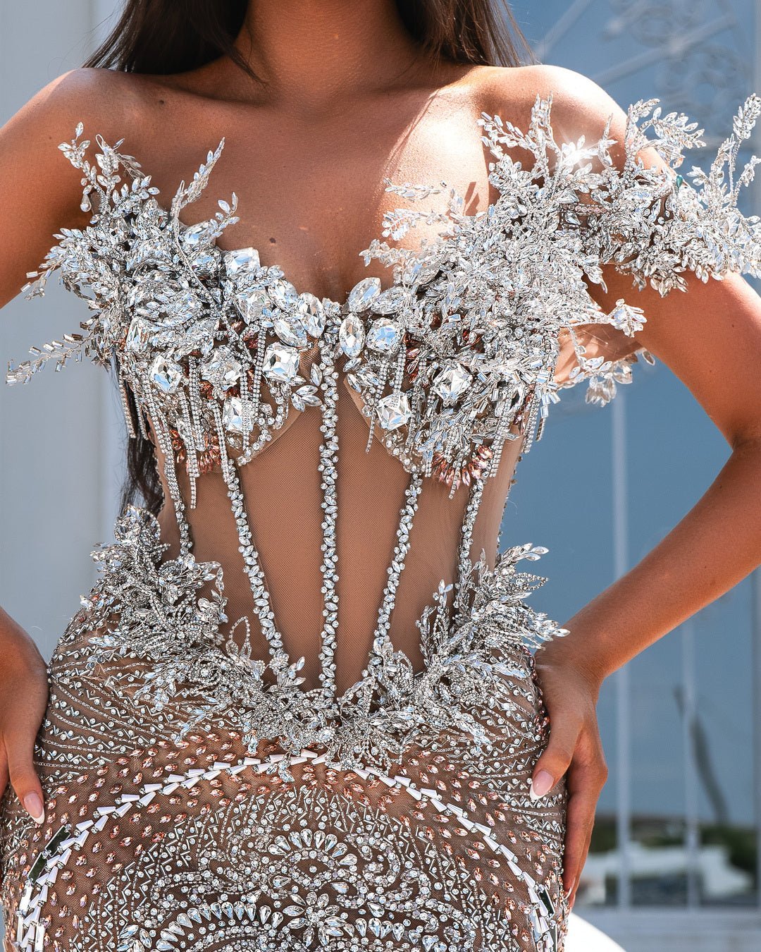 Hannah Silver Long Dress with Sparkling Crystals - BLINI