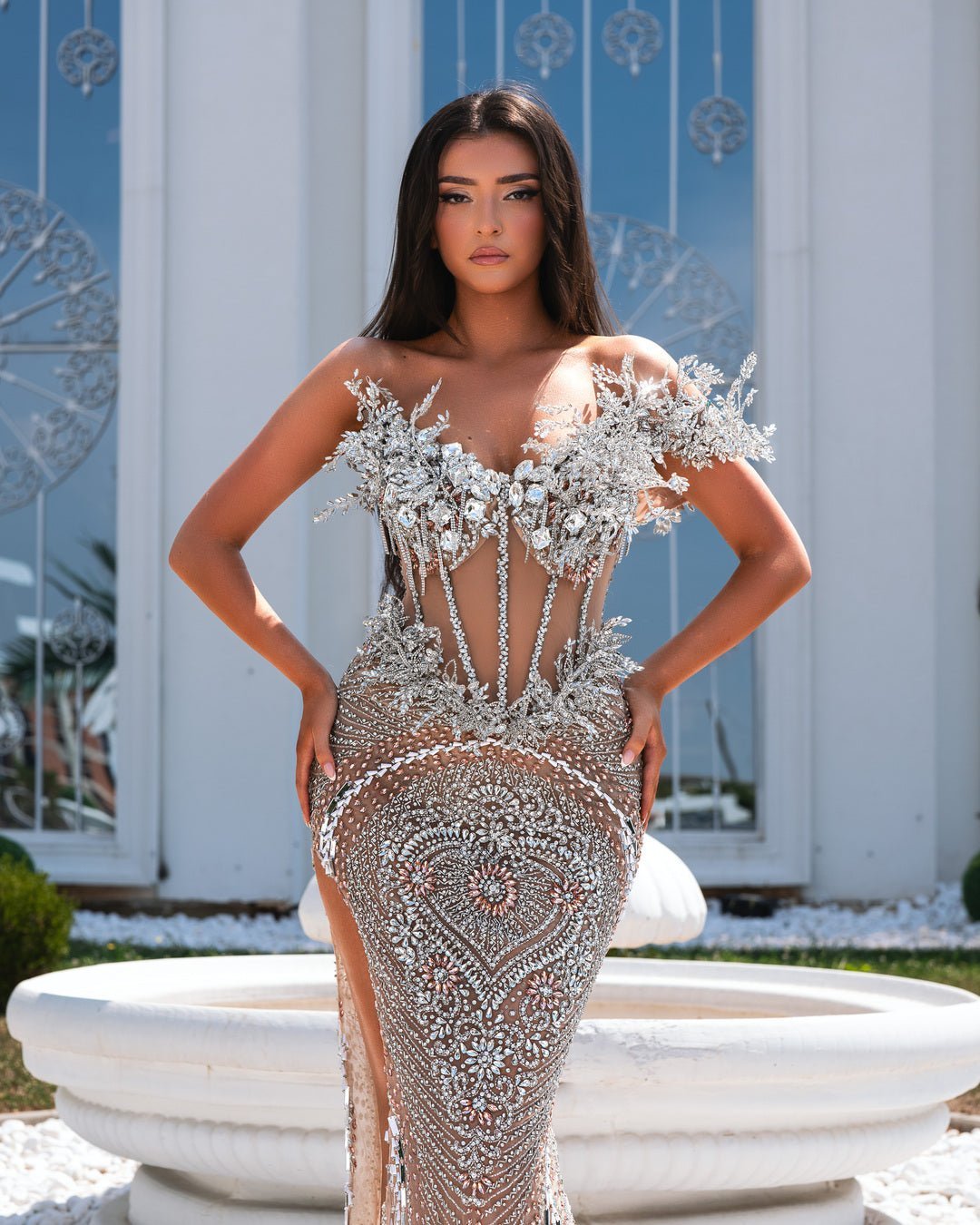 Hannah Silver Long Dress with Sparkling Crystals - BLINI