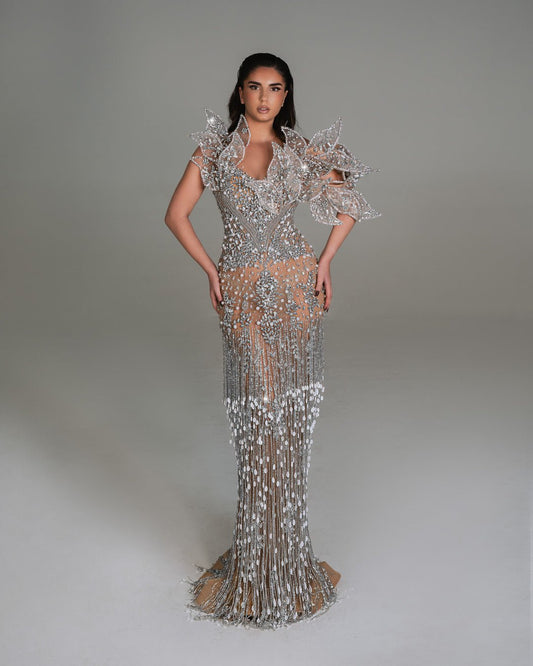 Hazel Silver Dress with Crystal and Fringe Details - BLINI