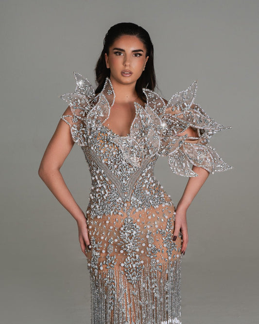 Hazel Silver Dress with Crystal and Fringe Details - BLINI