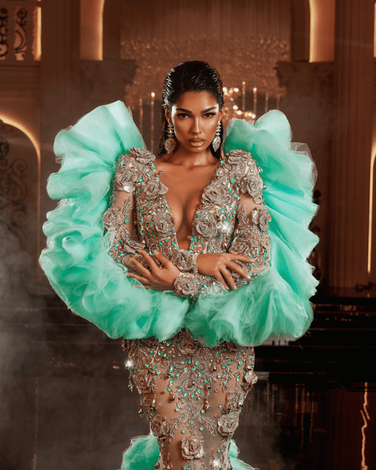 Herosa Aqua Dress with Crystals and 3D Designs - BLINI