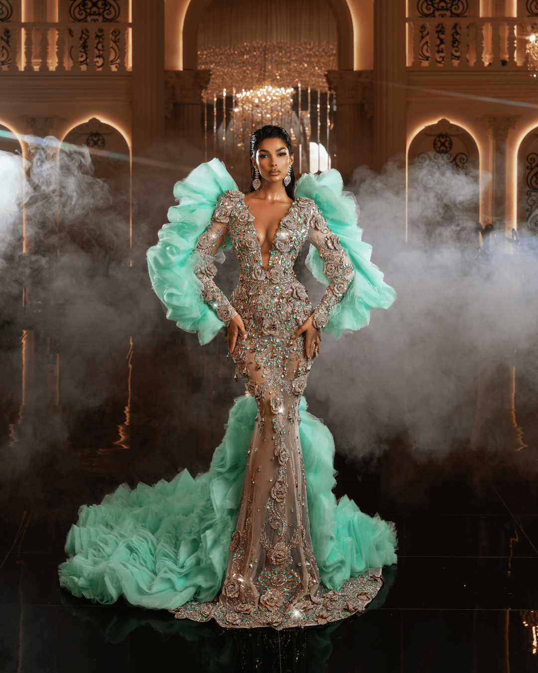 Herosa Aqua Dress with Crystals and 3D Designs - BLINI