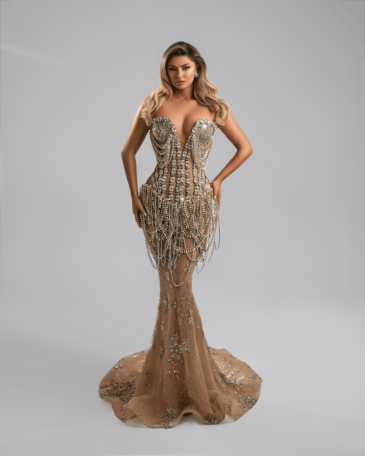 Holere Gold Long Dress, with Crystals - BLINI