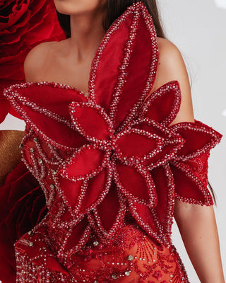Close-up of 3D Red Flower Detail on Sleeveless Dress