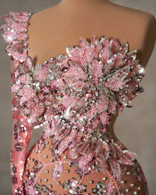 Close-Up of Sequined 3D Flowers on Light Pink Dress