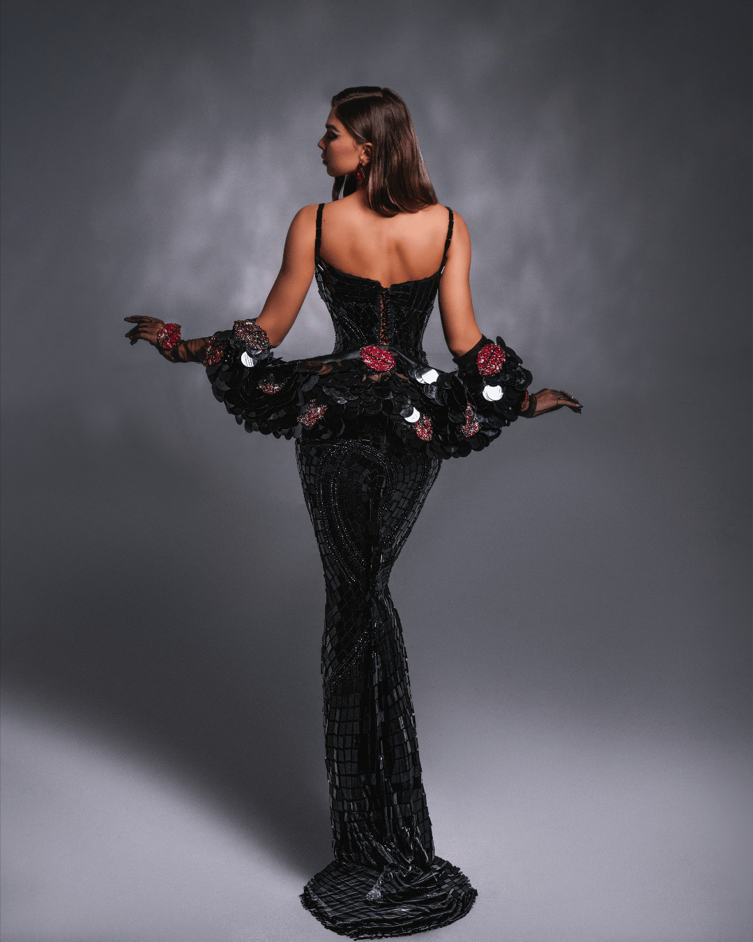 Ilesia Black Mermaid Sleeveless Dress with Crystals and Cape - BLINI