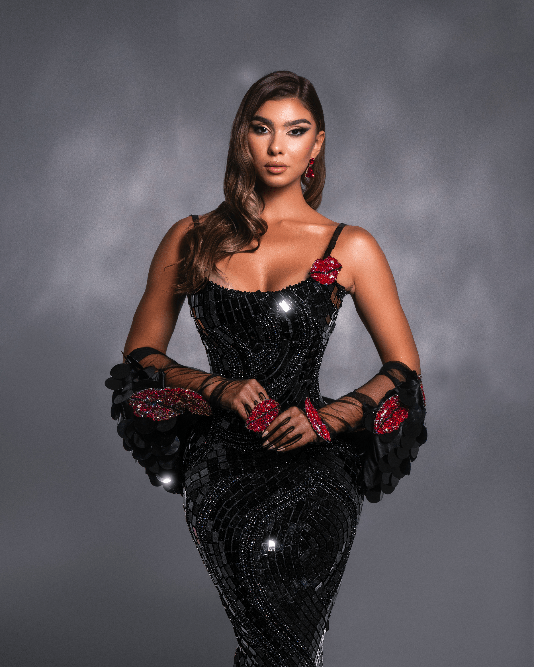 Ilesia Black Mermaid Sleeveless Dress with Crystals and Cape - BLINI