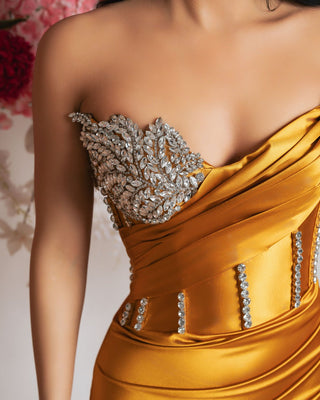 Close-Up Detail of Embellished Sleeveless Satin Dress