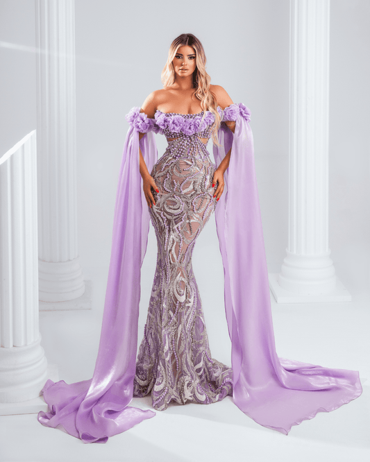 Ilnisye Purple Dress with Crystals and Cape - BLINI