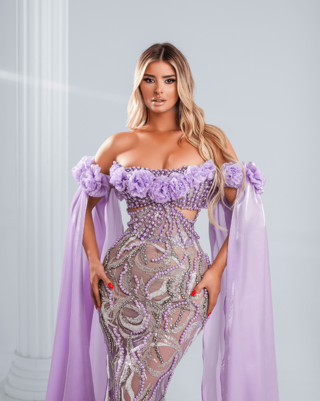 Ilnisye Purple Dress with Crystals and Cape - BLINI