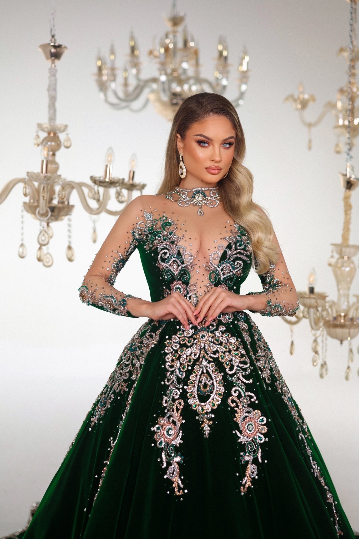 Impressify Green Velvet Ball Gown with Gemstone Details - BLINI