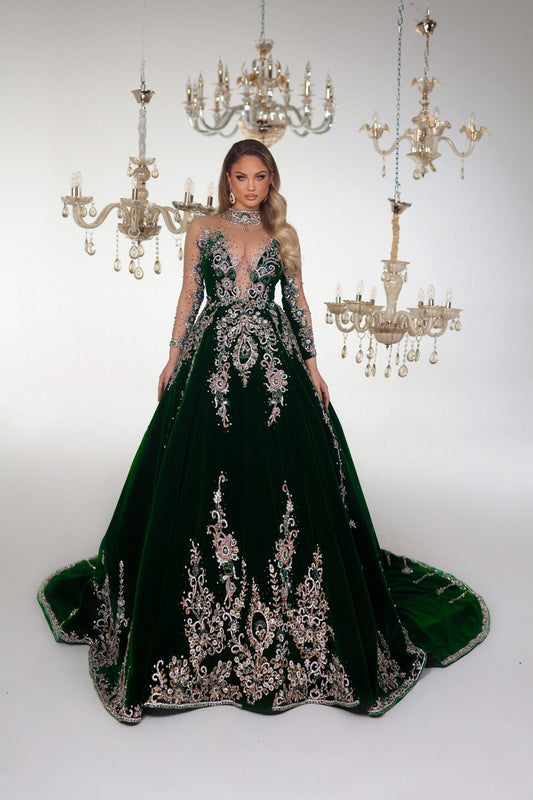 Impressify Green Velvet Ball Gown with Gemstone Details - BLINI