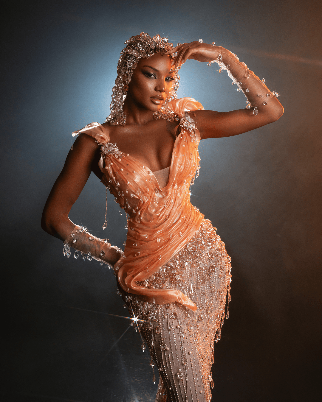 Irena Nude Long Dress with Crystals and Metallic Leather - BLINI