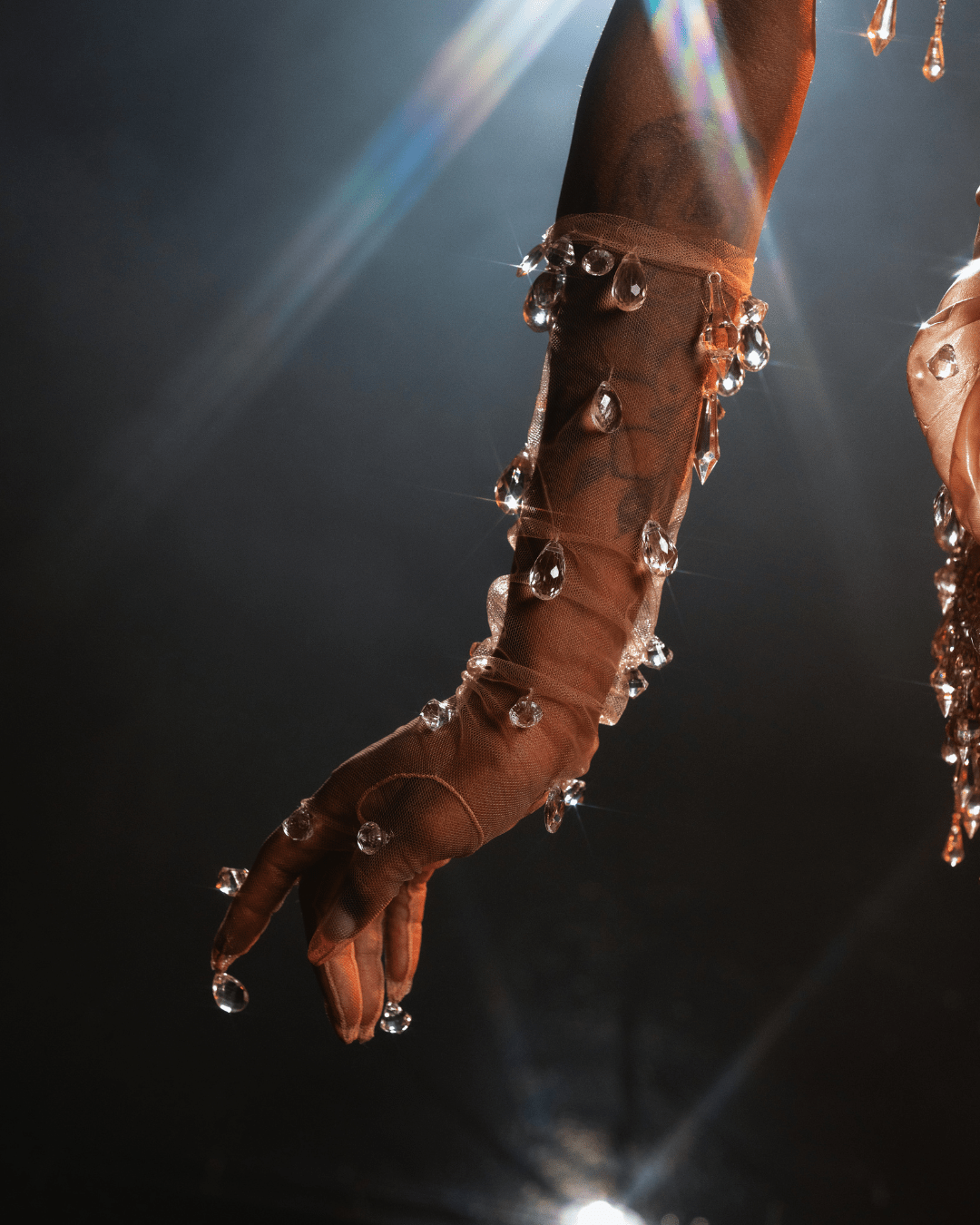 Irena Nude Long Dress with Crystals and Metallic Leather - BLINI