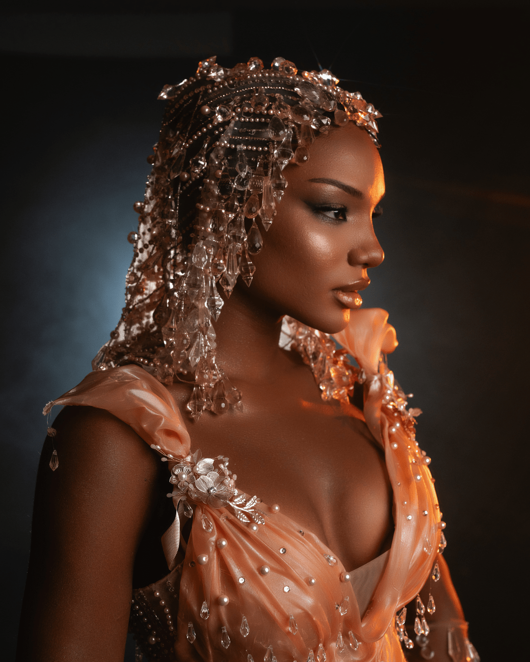 Irena Nude Long Dress with Crystals and Metallic Leather - BLINI