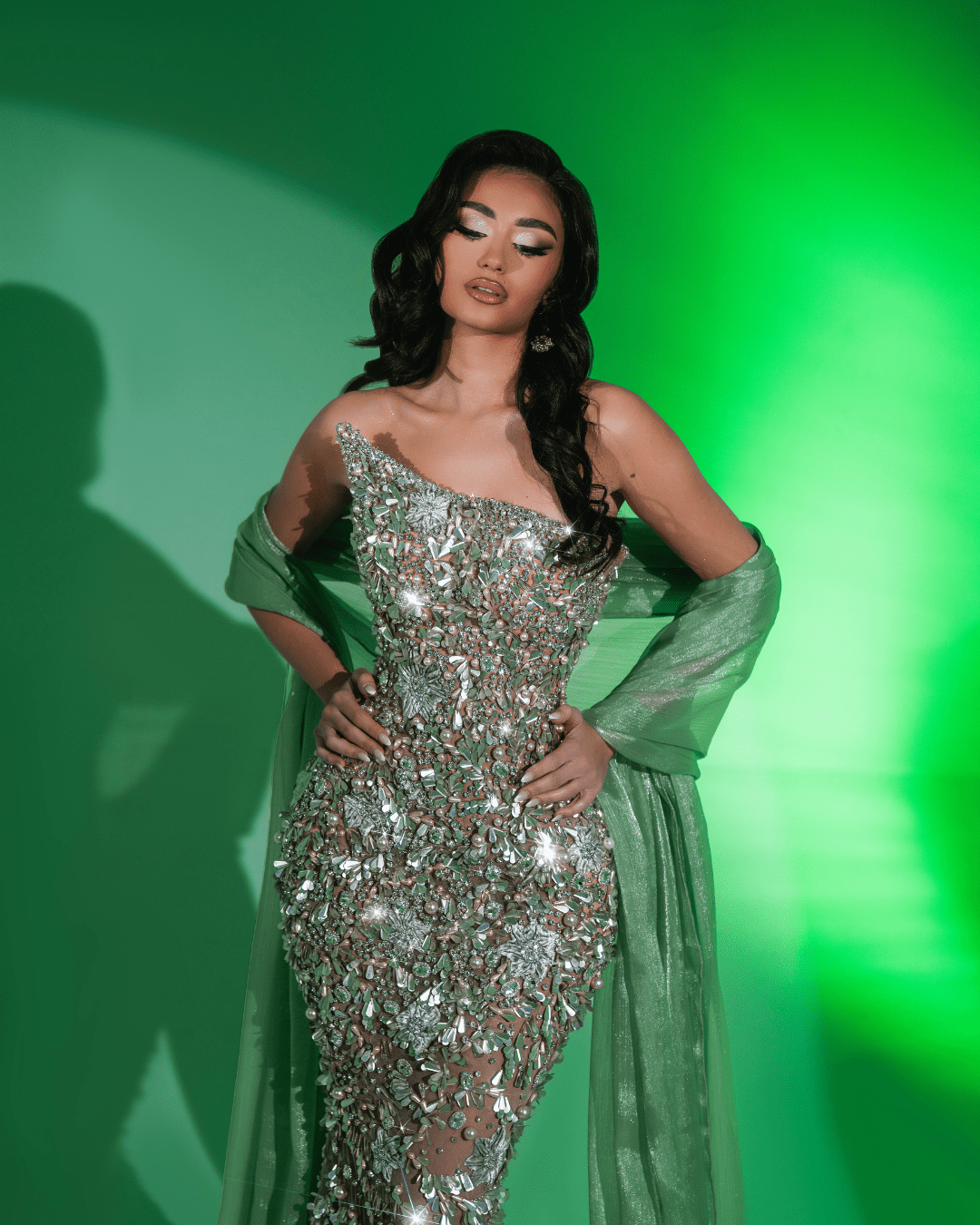 Irene Green Long Sleeveless Dress with Crystals and Cape - BLINI