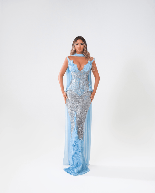 Irinde Blue Long Dress with Crystals and Cut - Out - BLINI