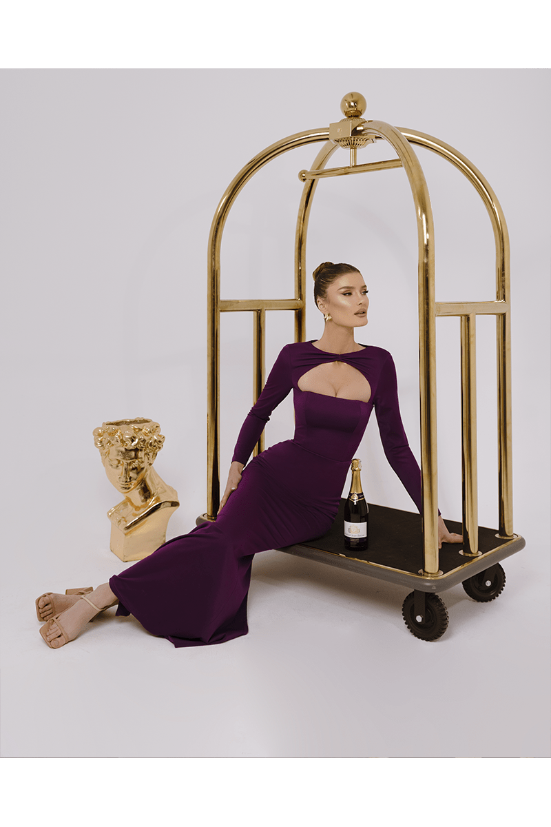 Iris Violet Long Dress, Chest Cut Out With Scuba Crepe Fabric - BLINI