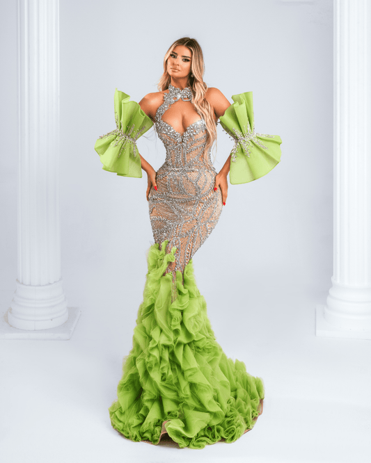 Irnial Green Dress with Crystals and Cut Outs - BLINI