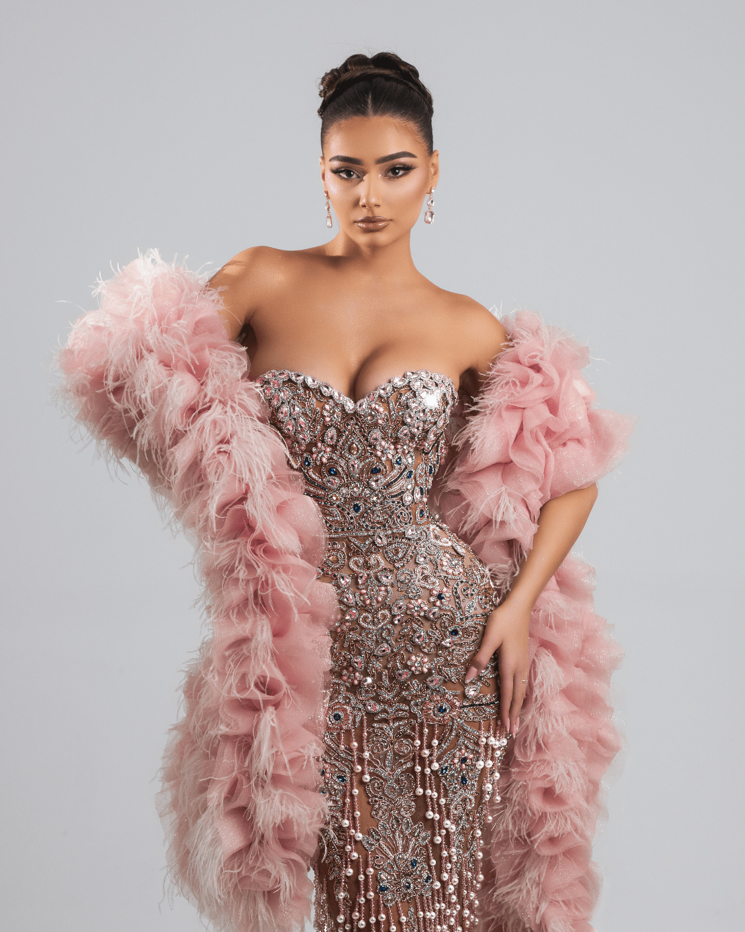 Irose Pink Long Dress, with Feather Shawl - BLINI