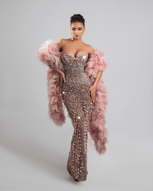 Irose Pink Long Dress, with Feather Shawl - BLINI