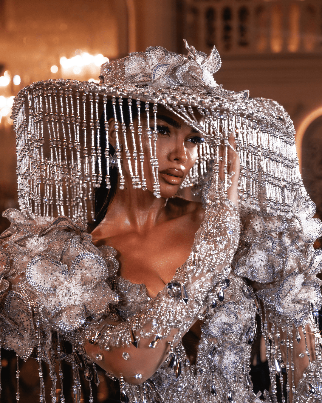 Isola Silver Long Dress with Flowers and Hat - BLINI