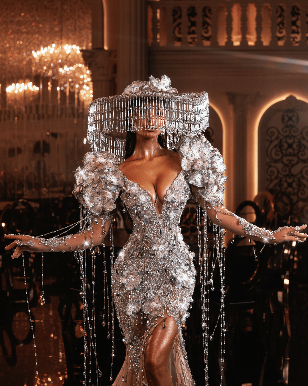 Isola Silver Long Dress with Flowers and Hat - BLINI