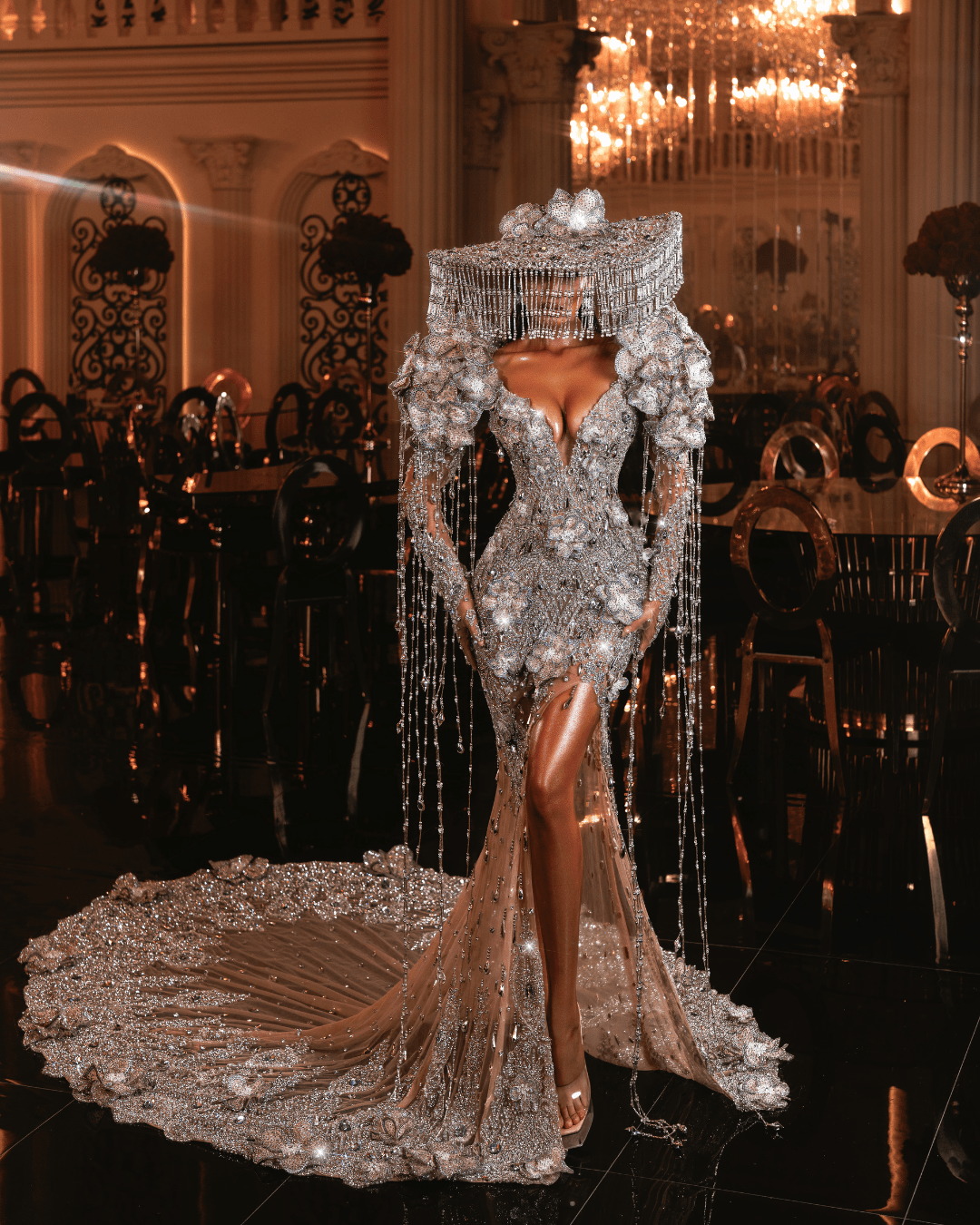 Isola Silver Long Dress with Flowers and Hat - BLINI