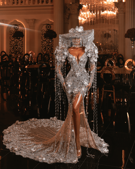 Isola Silver Long Dress with Flowers and Hat - BLINI