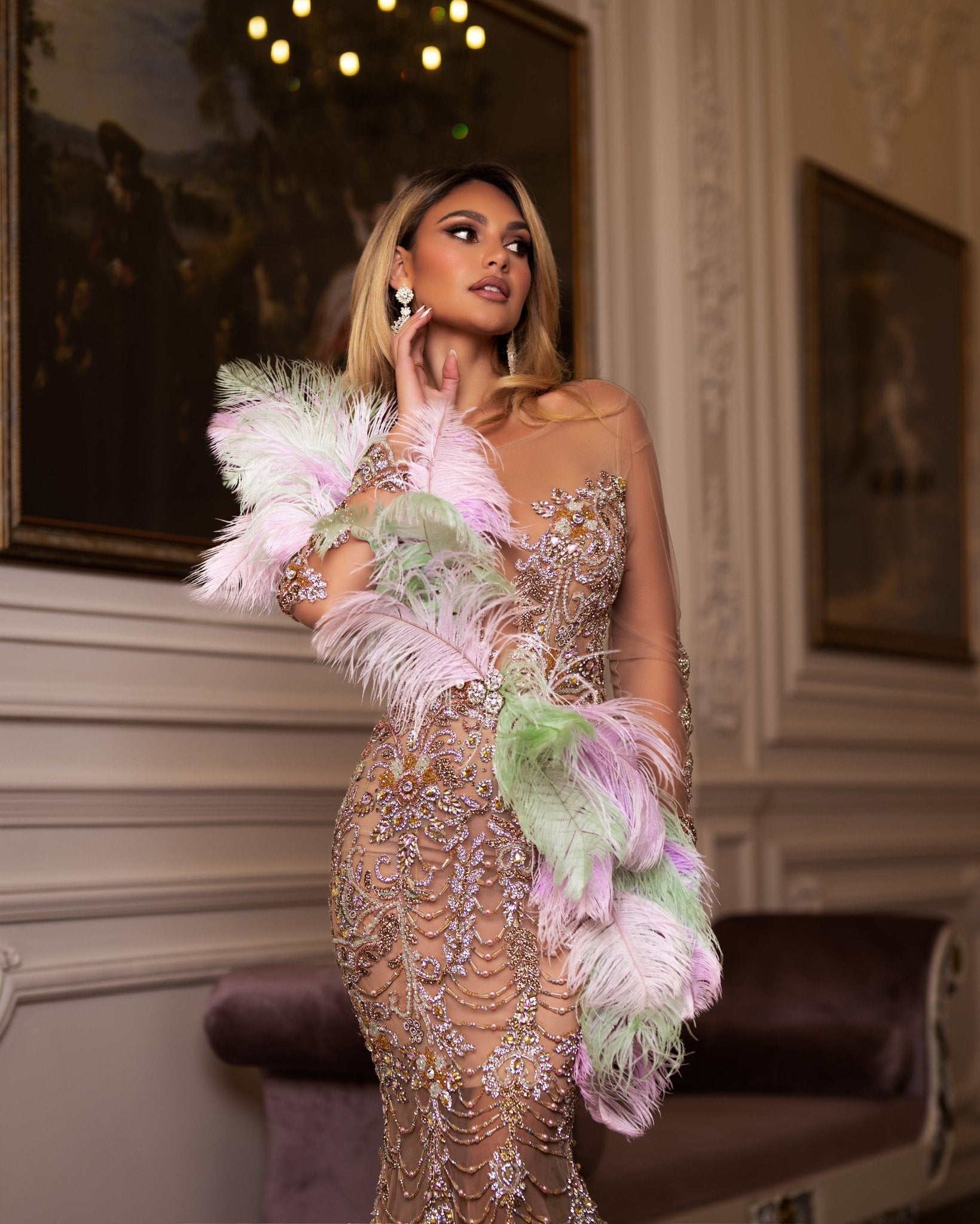 Jade Feather Dress Embellished with Crystals - BLINI