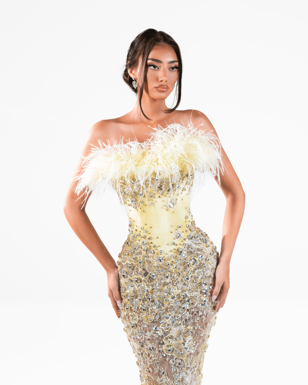 Janeya Yellow Long Dress with Crystals and Feathers - BLINI