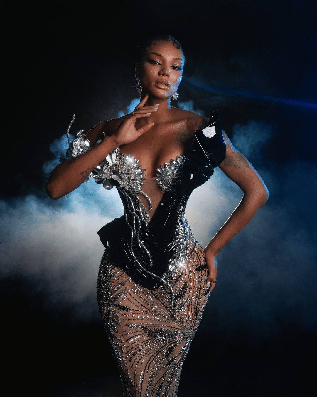 Jaona Silver Dress with Flowers and Metallic Leather - BLINI