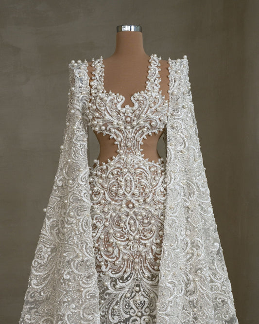 Jassamine Waist - Cut Bridal Dress with Pearls and Majestic Cape - BLINI