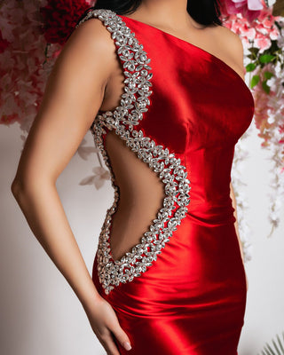 Close-Up of Red Dress Detail - Stone Embellished Waist Cut-Out