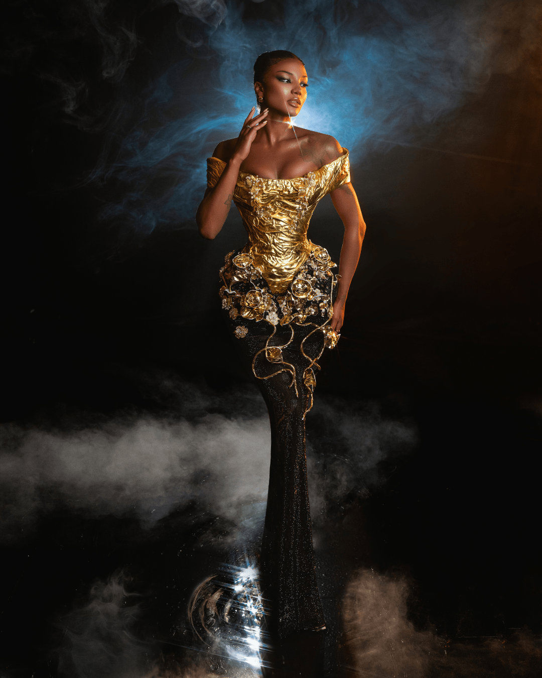 Jetea Gold Long Dress with Metallic Leather and Flowers - BLINI