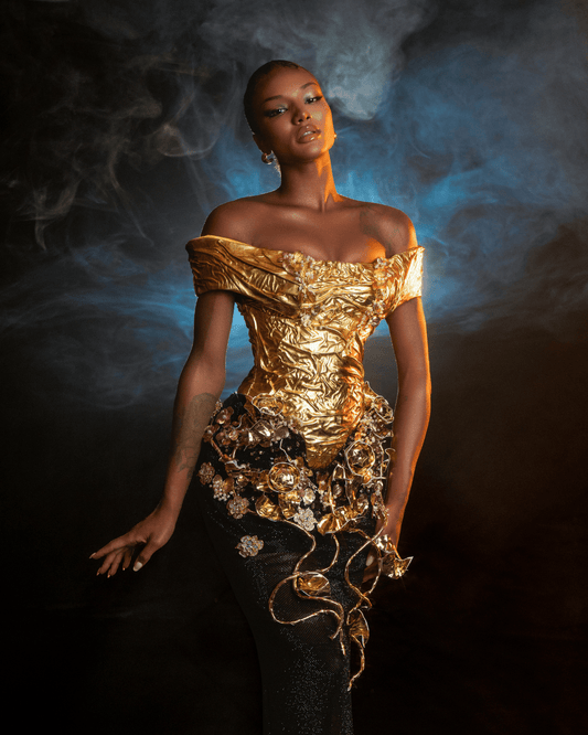 Jetea Gold Long Dress with Metallic Leather and Flowers - BLINI