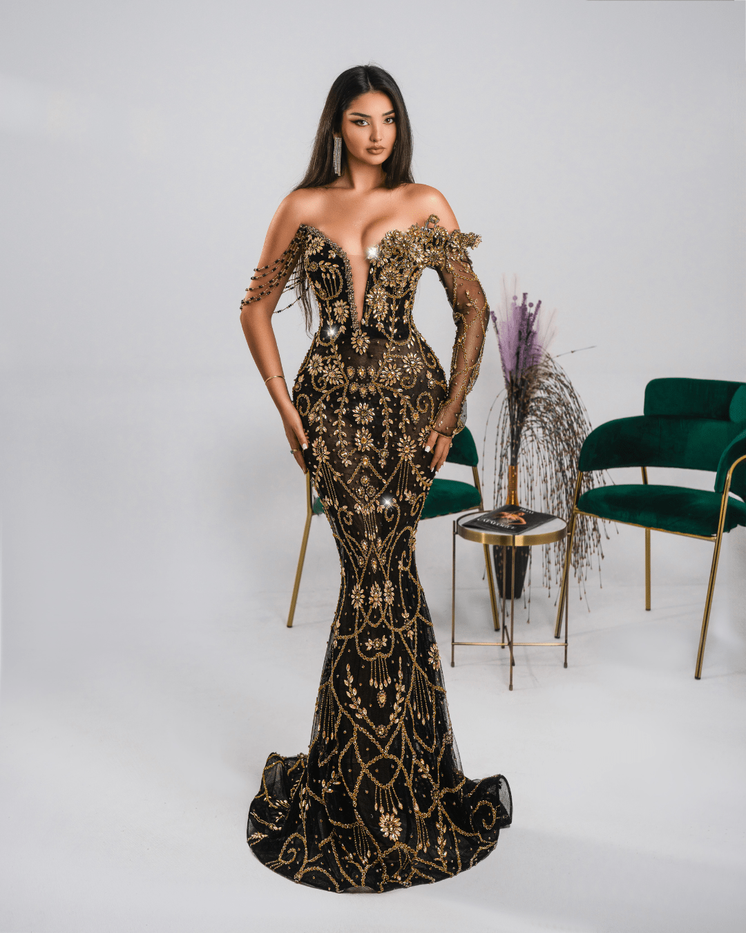 Juana Black Long Dress with Crystals - BLINI