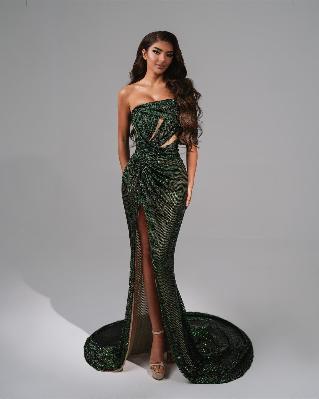 Juliet Green Dress with One Shoulder and a Floral Design - BLINI