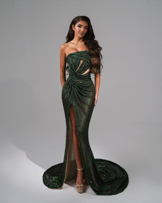 Juliet Green Dress with One Shoulder and a Floral Design - BLINI