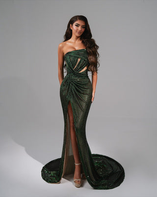 Stunning green dress featuring a floral pattern and one-shoulder silhouette.