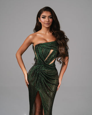 Elegant one-shoulder Juliet Green Dress with a delicate floral design.