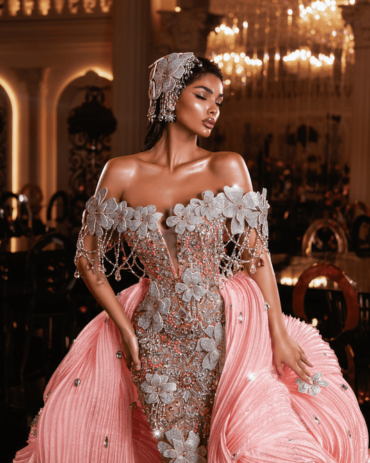 Jurena Pink Sleeveless Dress with Flowers and Cape - BLINI