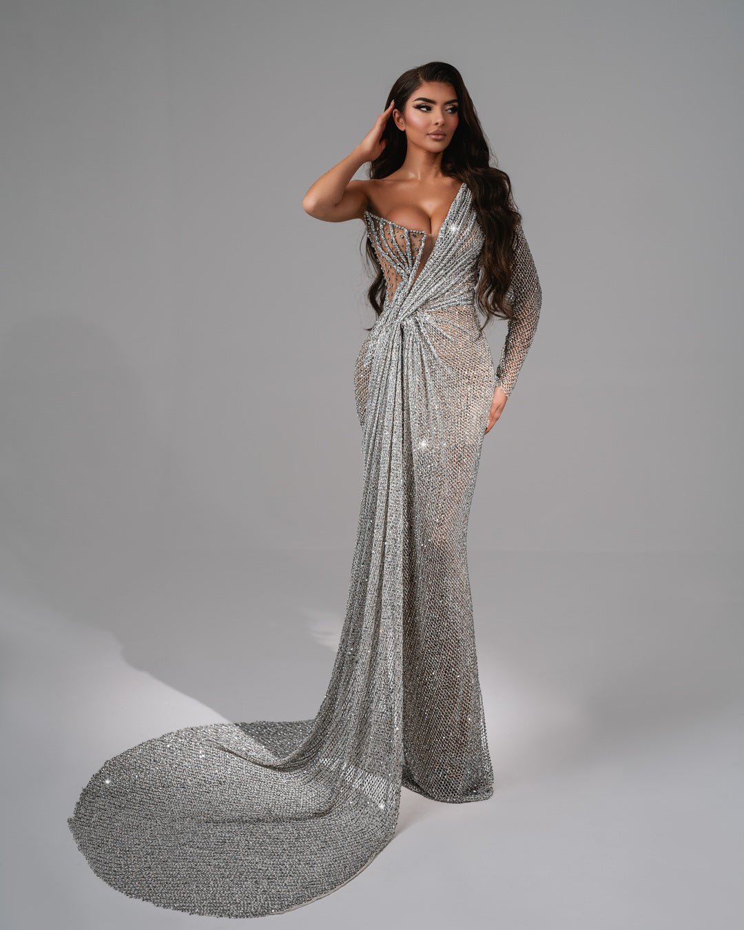 Kaela Silver Dress with One Shoulder and Stones - BLINI