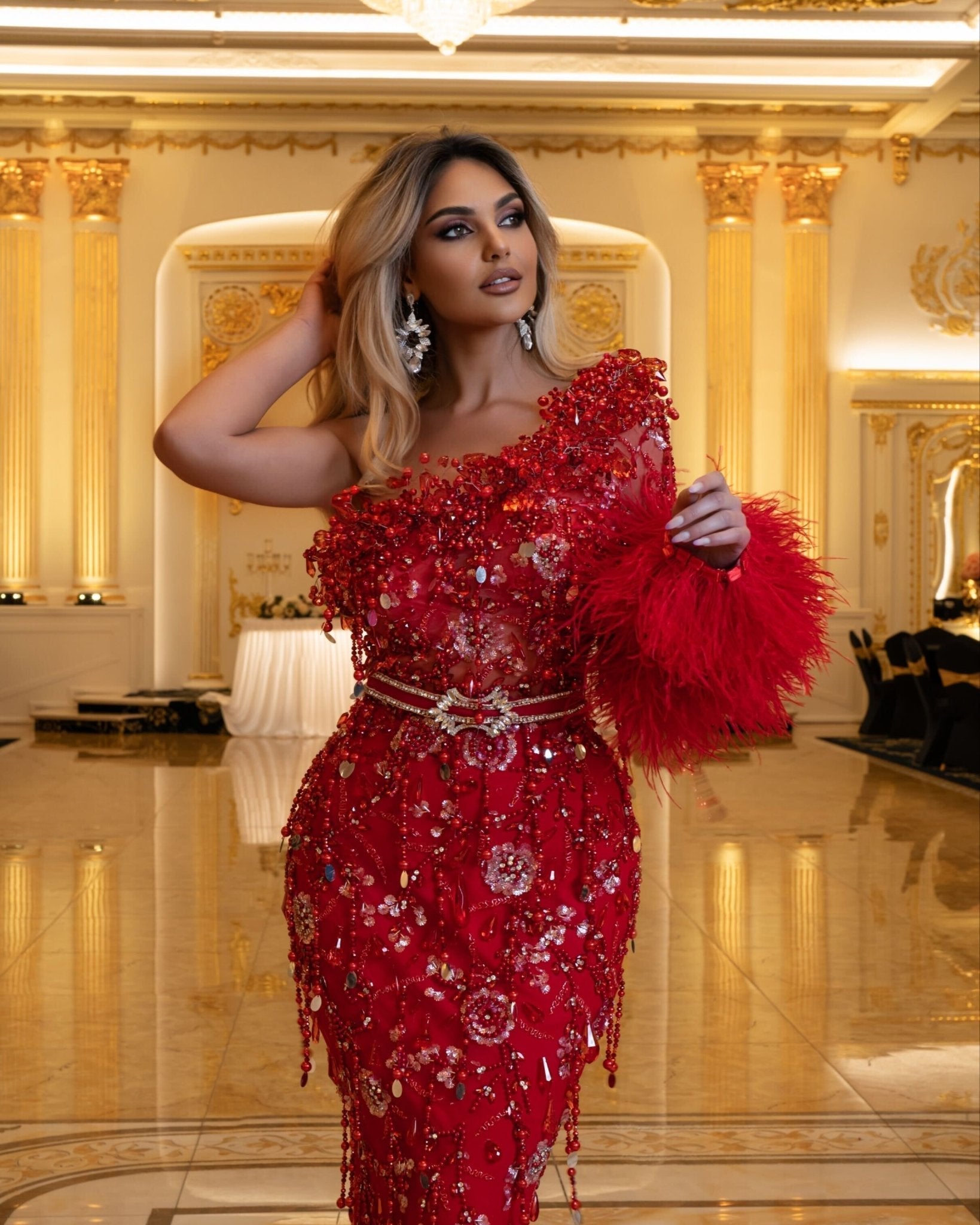 Kaida One Shoulder Dress Embellished with Feathers - BLINI