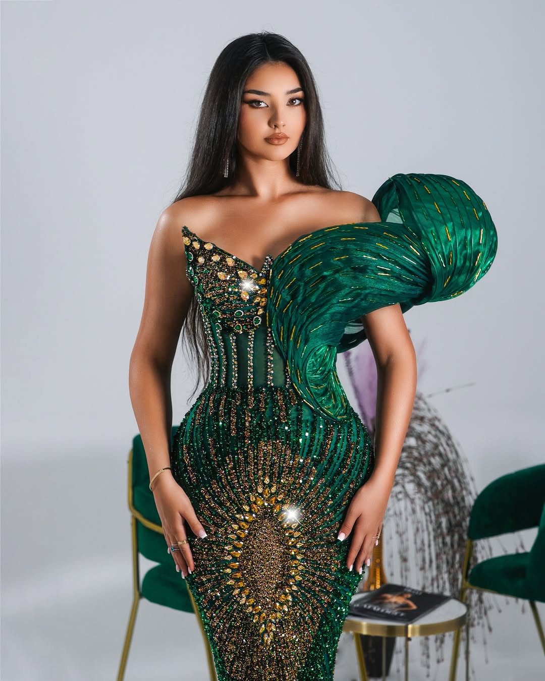 Kaone Green Long Dress One Shoulder with Crystals - BLINI