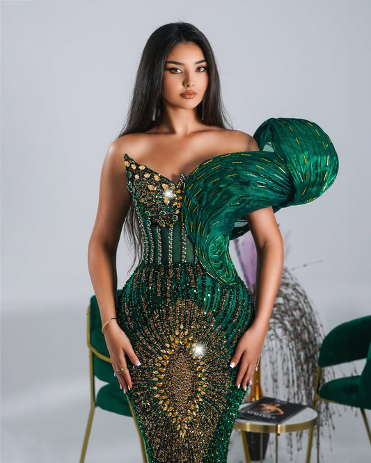 Kaone Green Long Dress One Shoulder with Crystals - BLINI