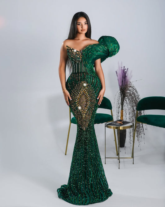 Kaone Green Long Dress One Shoulder with Crystals - BLINI